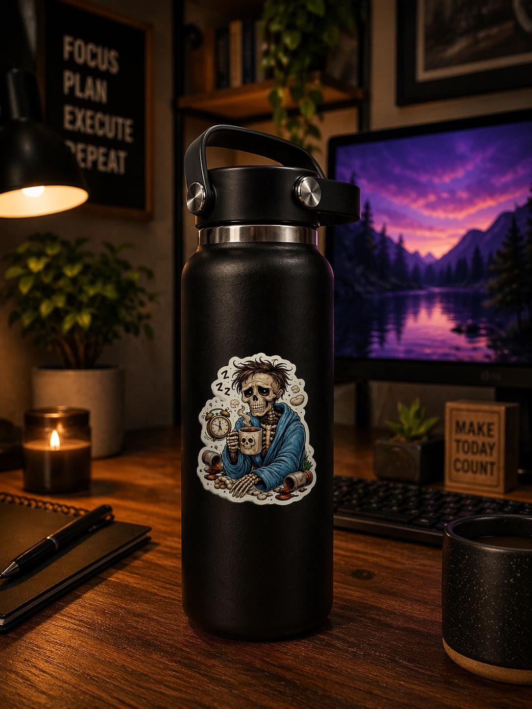 Coffee Sticker, Dead Tired Skeleton Man, Funny Exhausted Meme Decal, Burnt Out Grim Reaper Sticker, Relatable Humor for Laptop Water Bottle
