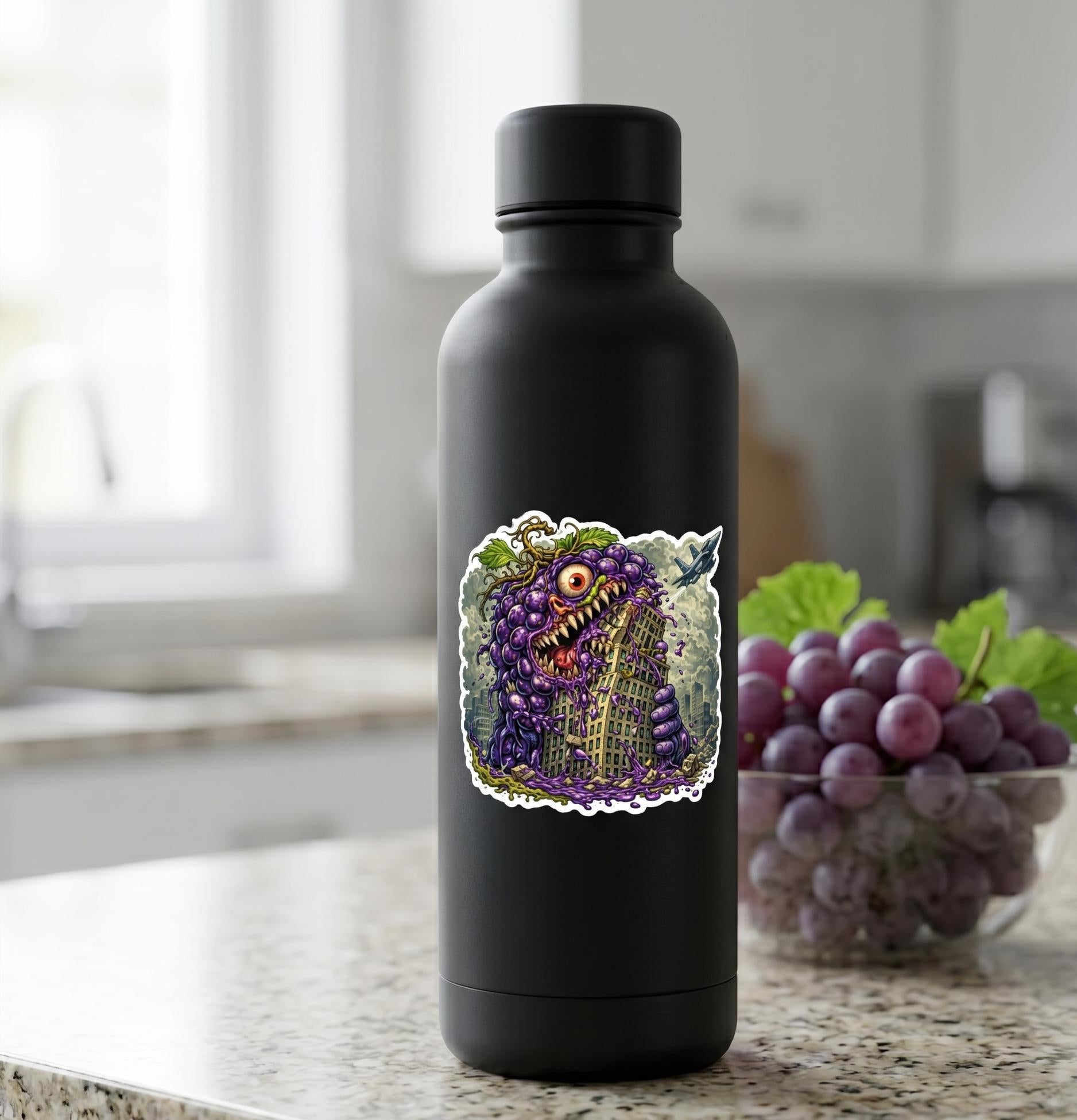 Giant Mutant Grape Monster Sticker, Absurd Food Attack Vinyl Decal