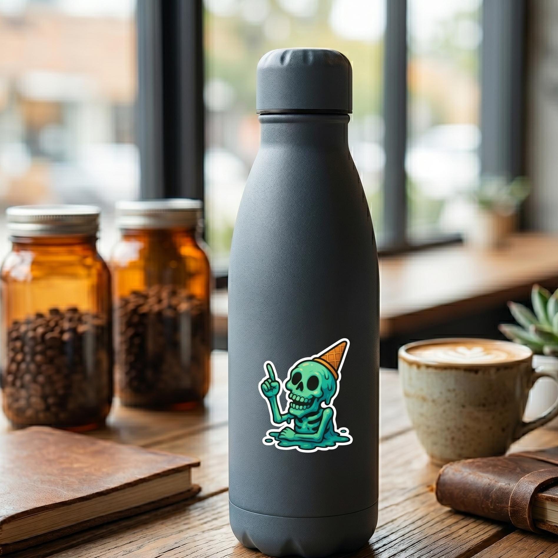 Skull Sticker, Melting Ice Cream, Spooky Skeleton Vinyl Decal, Waterproof Laptop Water Bottle Graphic