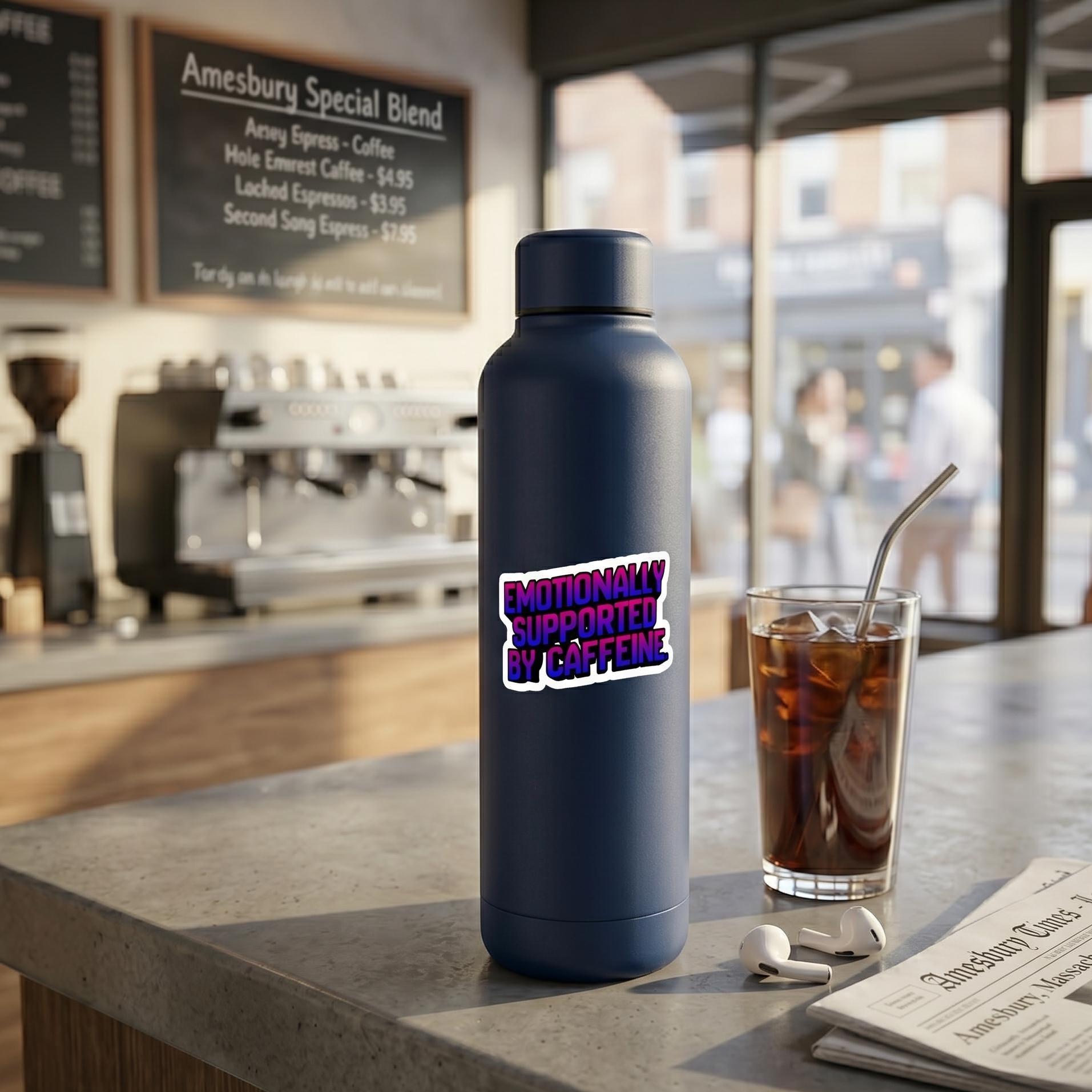 Coffee Sticker, Emotionally Supported by Caffeine, Funny Coffee Meme Decal, Laptop Water Bottle Quote