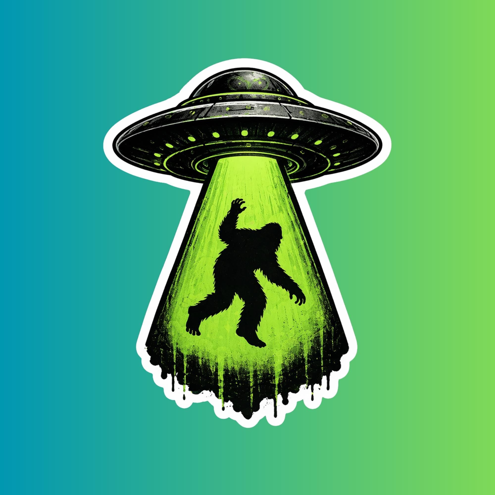 Bigfoot UFO Abduction Sticker – Cryptid Sasquatch Vinyl Decal (Waterproof)