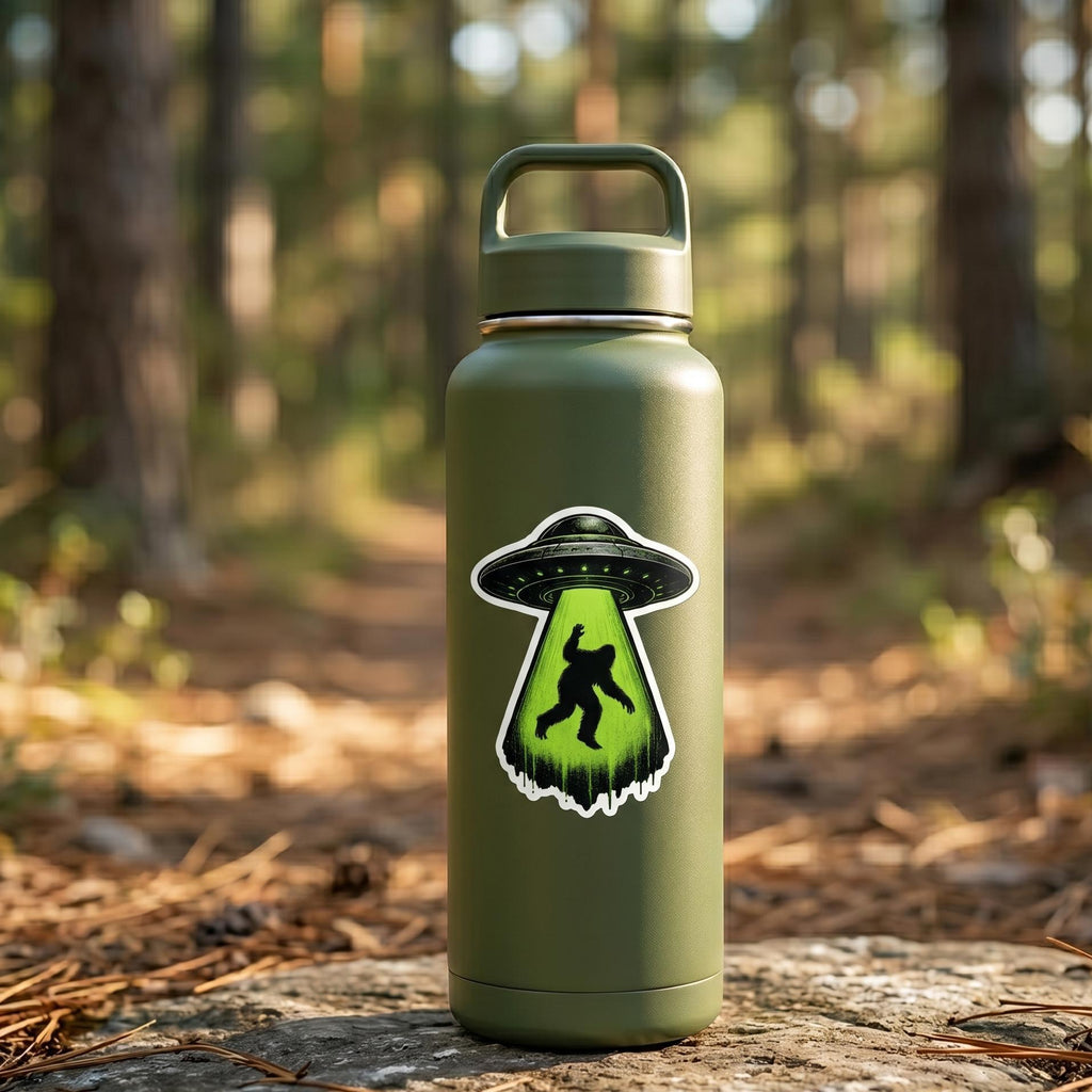 Bigfoot UFO Abduction Sticker – Cryptid Sasquatch Vinyl Decal (Waterproof)