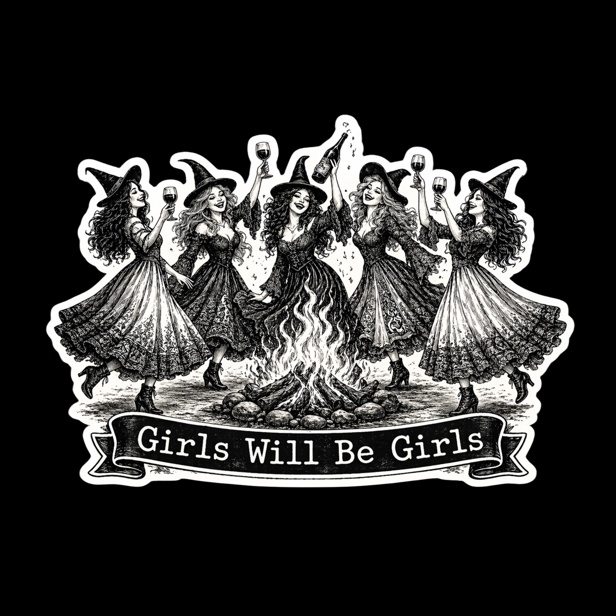 Girls Will Be Girls Witch Sticker, Dancing Witches Vinyl Decal, Halloween Party Decor