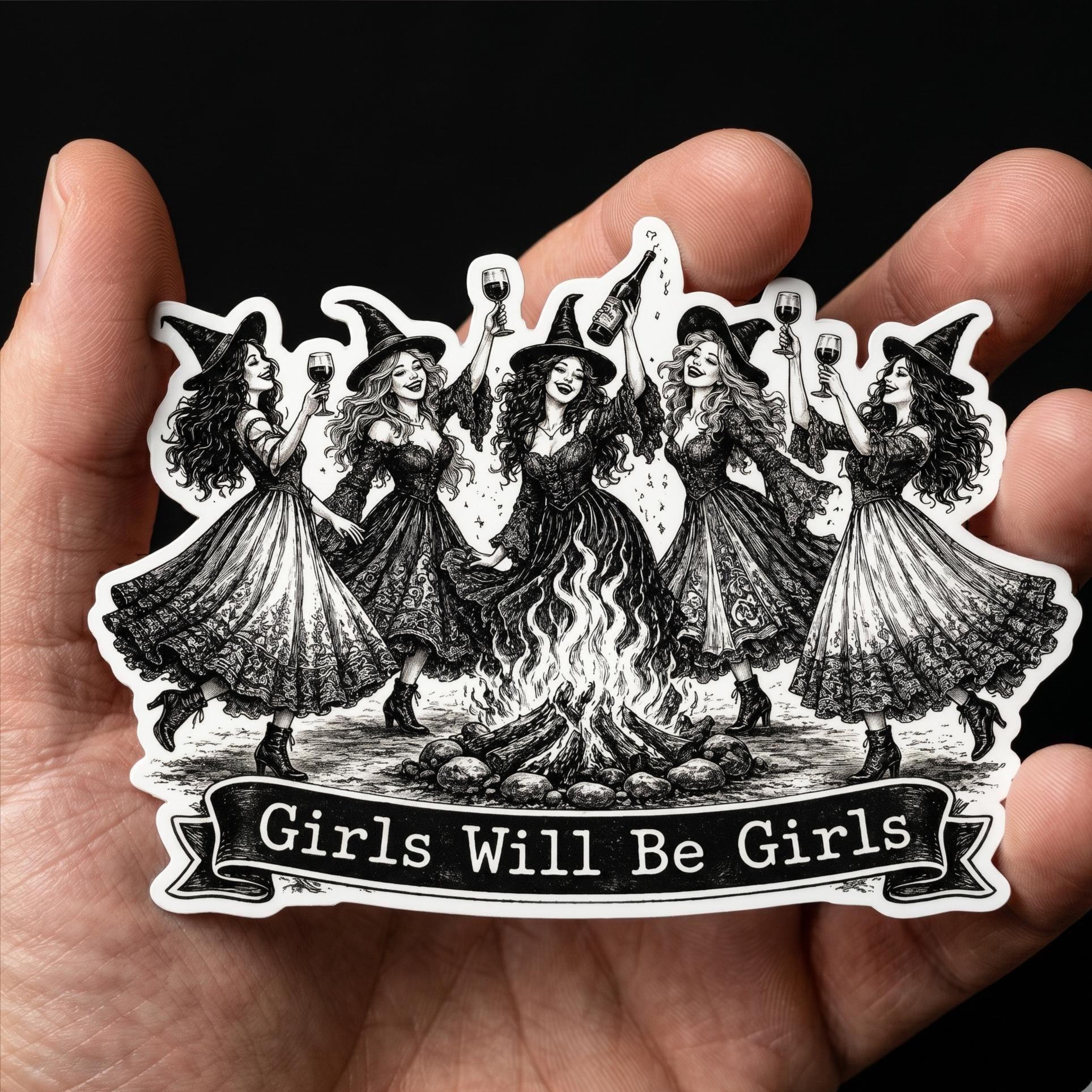 Girls Will Be Girls Witch Sticker, Dancing Witches Vinyl Decal, Halloween Party Decor