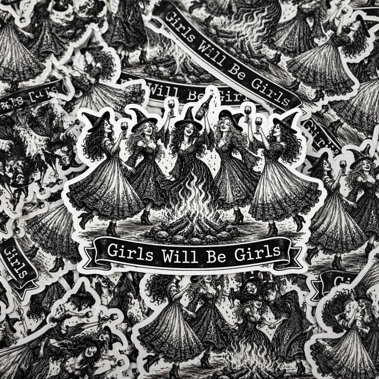 Girls Will Be Girls Witch Sticker, Dancing Witches Vinyl Decal, Halloween Party Decor