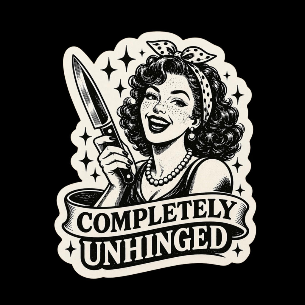 Completely Unhinged Retro Pin Up Knife Girl Sticker, Dark Humor Decal