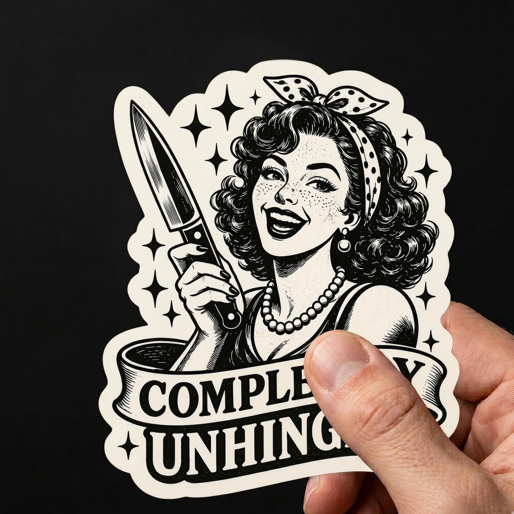 Completely Unhinged Retro Pin Up Knife Girl Sticker, Dark Humor Decal
