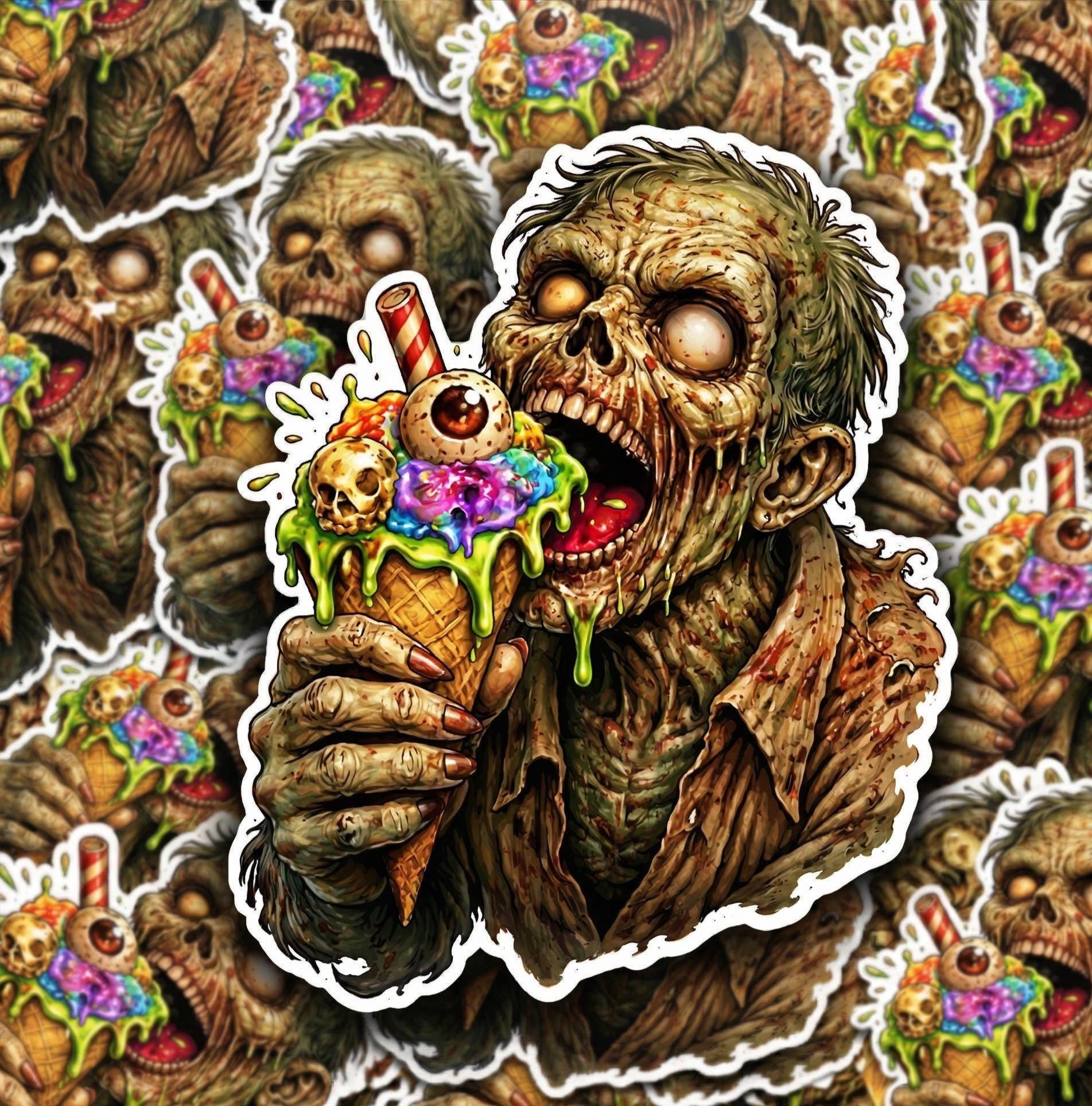 Zombie Ice Cream Cone Sticker, Creepy Horror Dessert Decal, Weird Food Vinyl Laptop Sticker