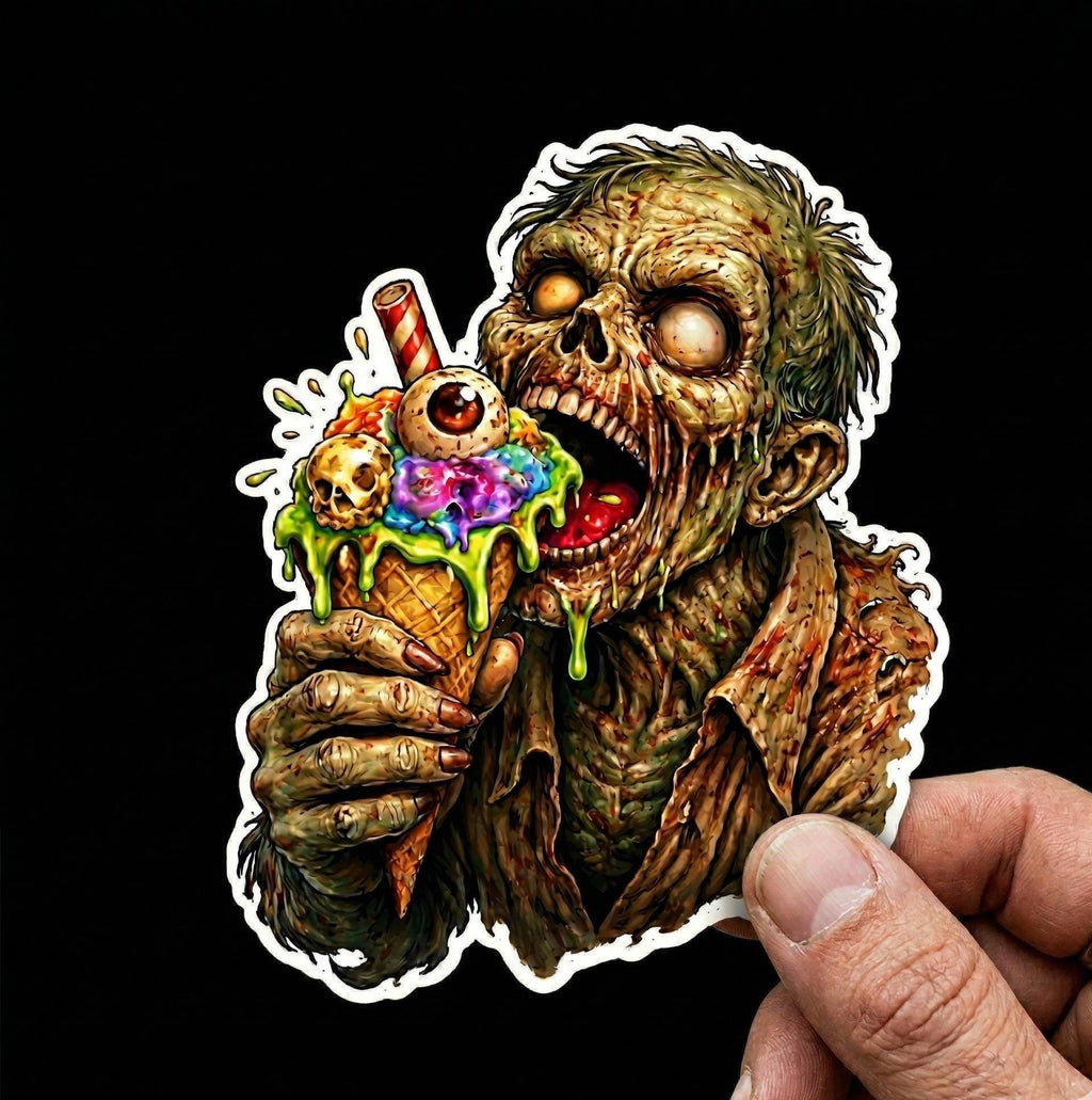 Zombie Ice Cream Cone Sticker, Creepy Horror Dessert Decal, Weird Food Vinyl Laptop Sticker