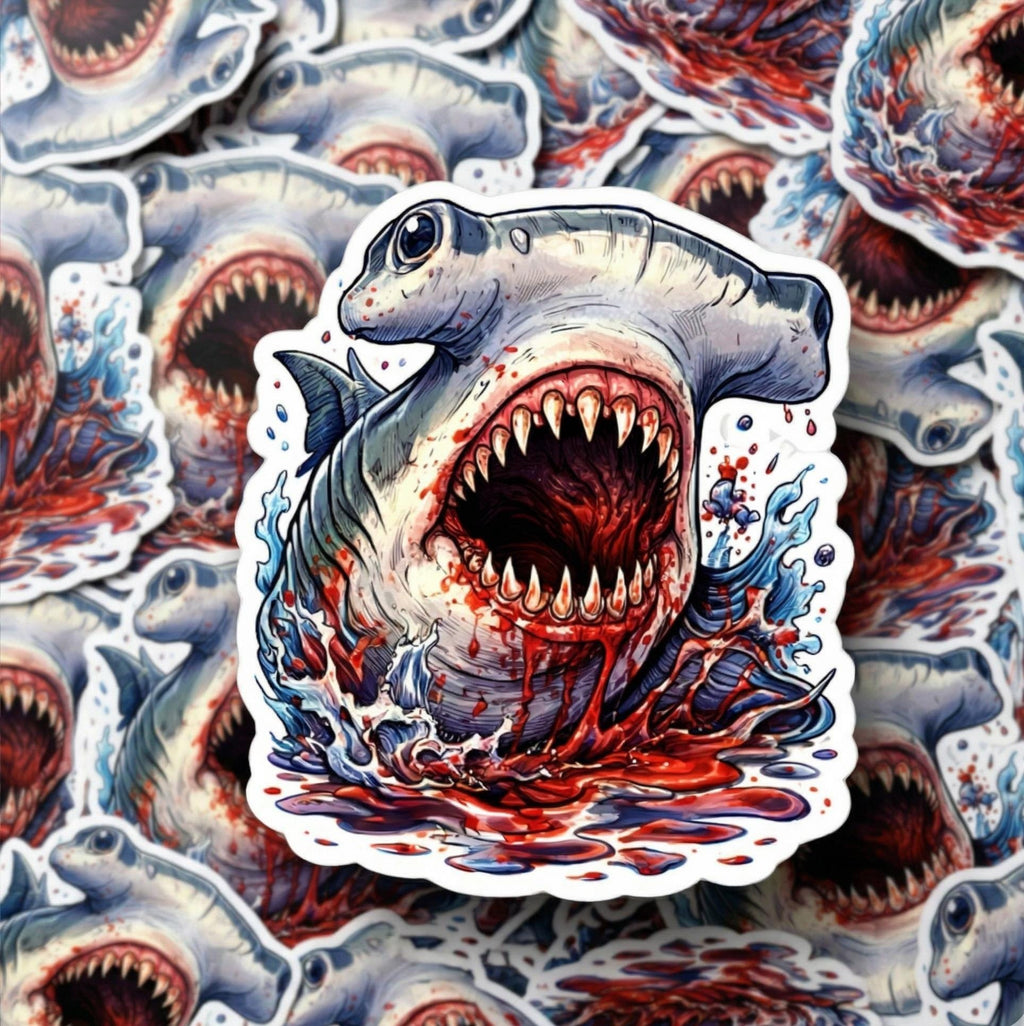 Fierce Hammerhead Shark Sticker, Scary Ocean Predator Vinyl Decal, Marine Life Laptop Water Bottle