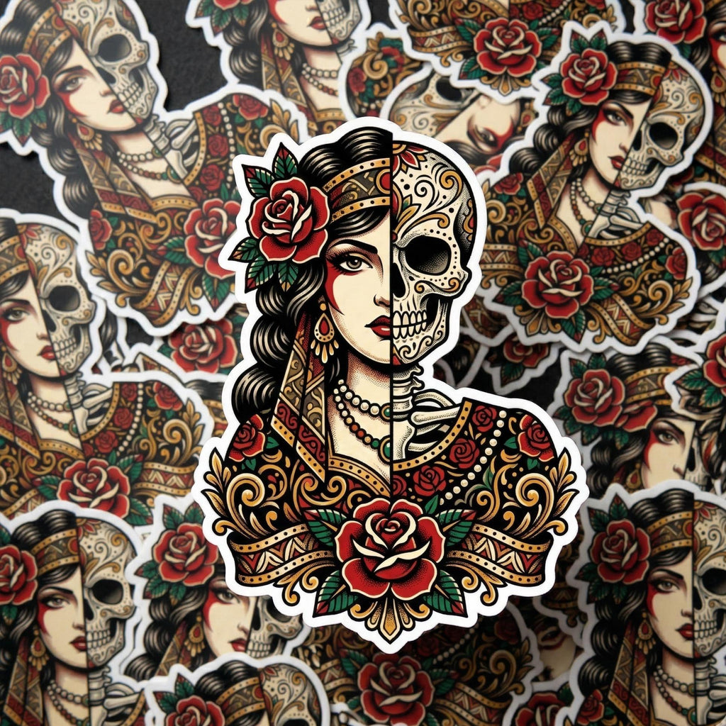 Gothic Sticker, Half Woman Half Sugar Skull, Day of the Dead Beauty Decal, Gothic Tattoo Style Skull Woman Sticker for Laptop Water Bottle