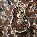 Gothic Sticker, Half Woman Half Sugar Skull, Day of the Dead Beauty Decal, Gothic Tattoo Style Skull Woman Sticker for Laptop Water Bottle