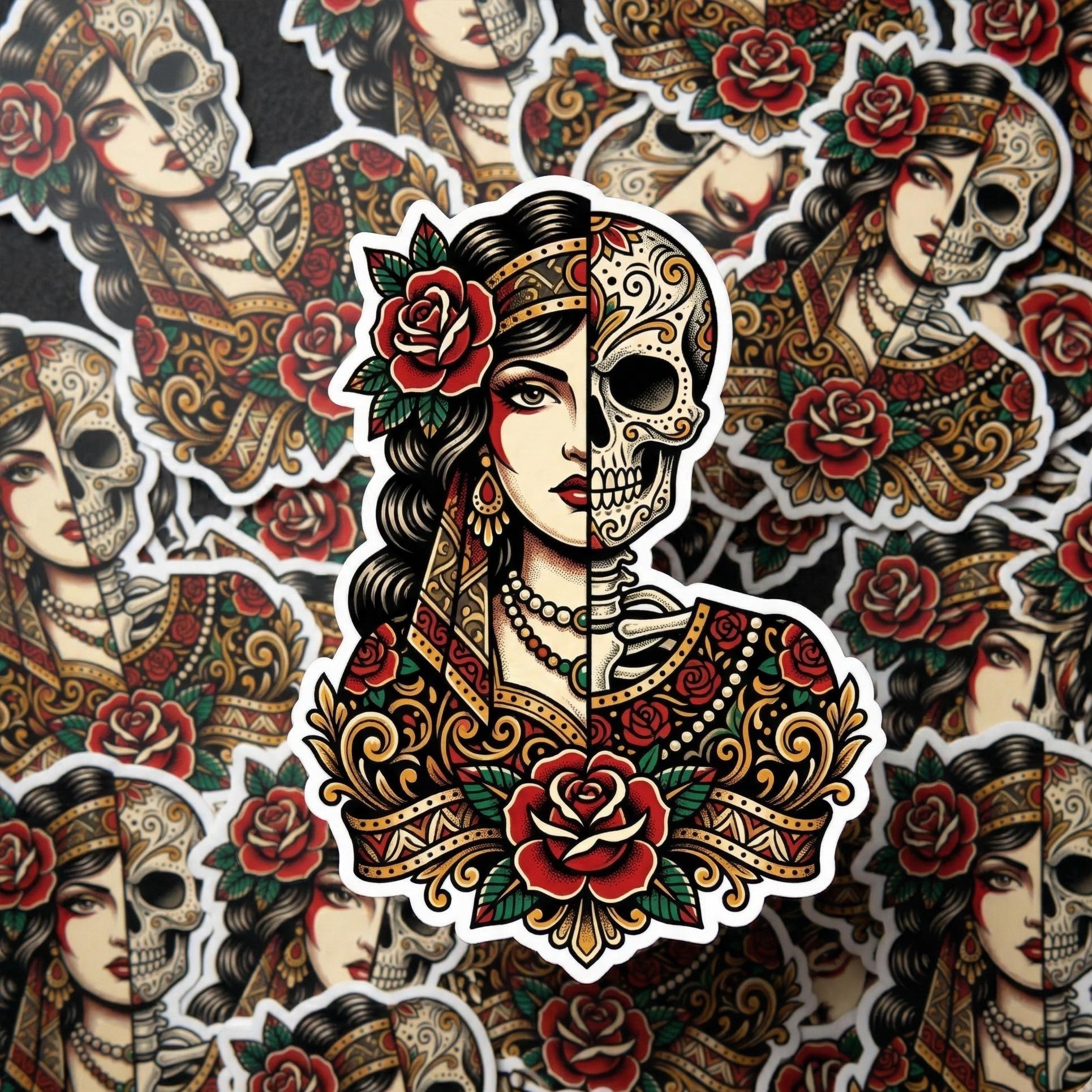 Gothic Sticker, Half Woman Half Sugar Skull, Day of the Dead Beauty Decal, Gothic Tattoo Style Skull Woman Sticker for Laptop Water Bottle