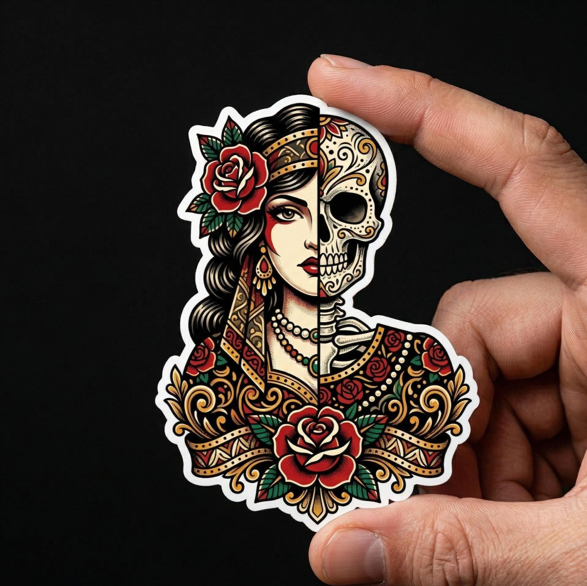 Gothic Sticker, Half Woman Half Sugar Skull, Day of the Dead Beauty Decal, Gothic Tattoo Style Skull Woman Sticker for Laptop Water Bottle