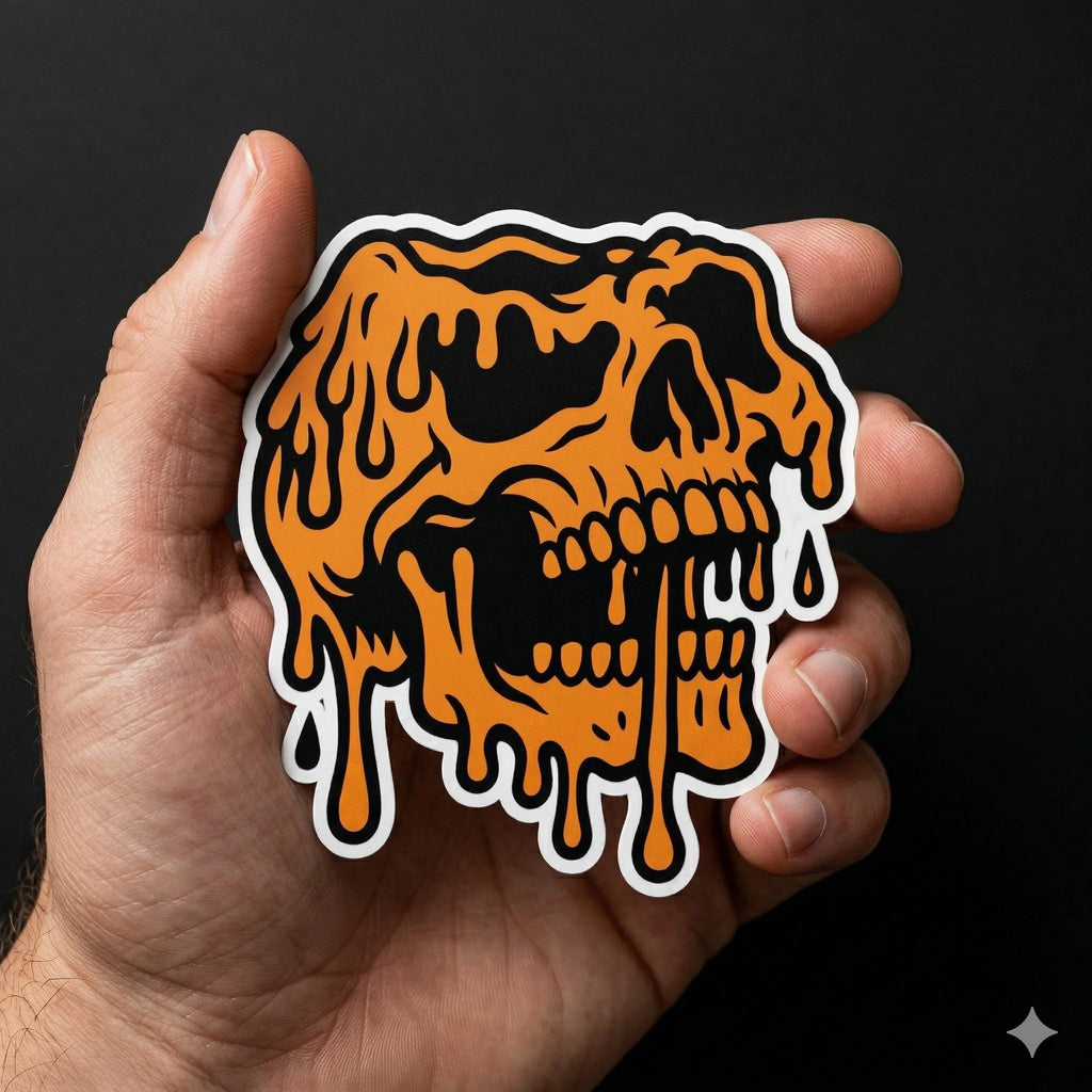 Skull Sticker, Orange Melting, Dripping Gothic Decal, Halloween Horror Vinyl Art