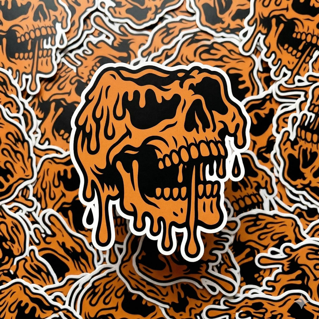 Skull Sticker, Orange Melting, Dripping Gothic Decal, Halloween Horror Vinyl Art