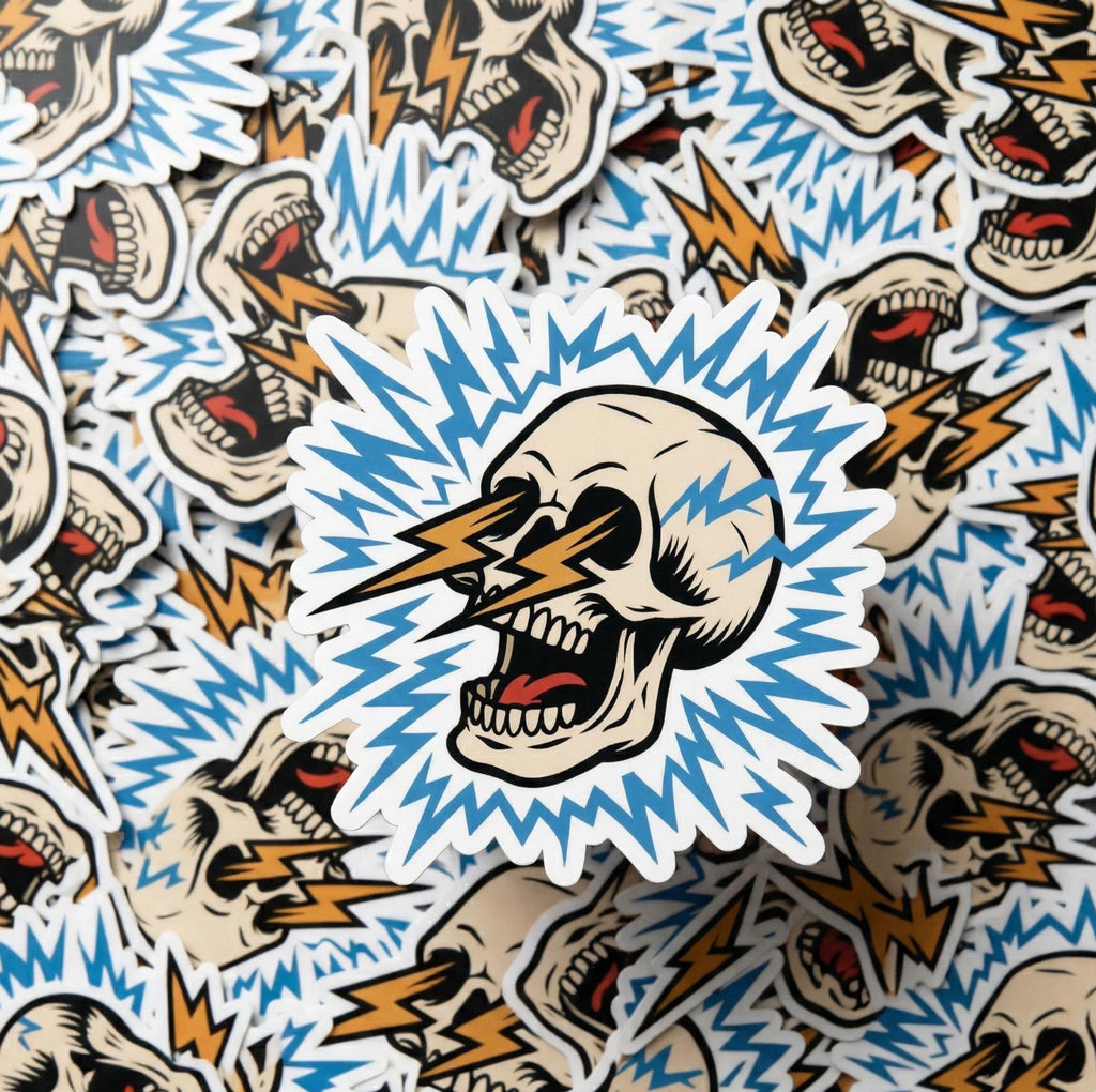 Skull Sticker, Electric Lightning, Shocked Gothic Vinyl Decal, Edgy Graphic Art