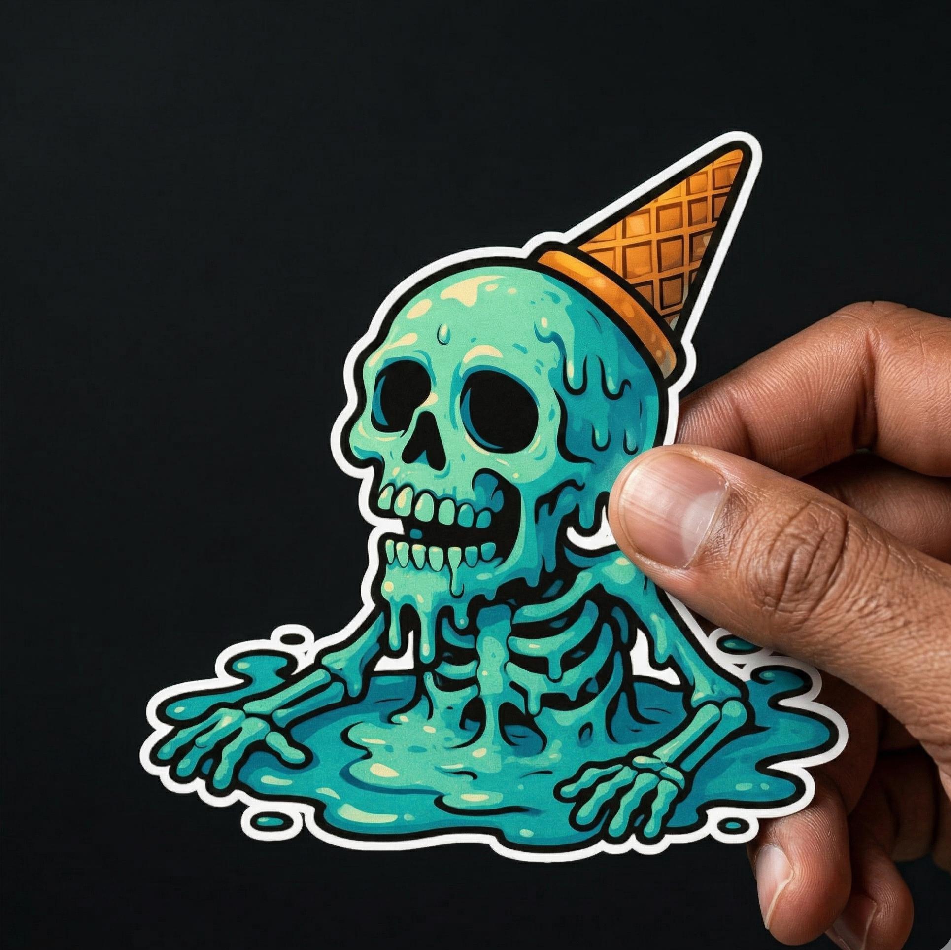 Skull Sticker, Melting Skeleton Ice Cream, Spooky Decal, Waterproof Vinyl Laptop Sticker
