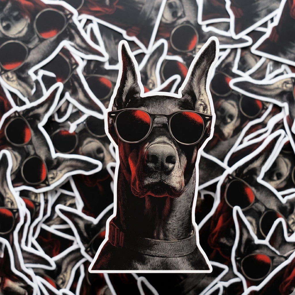 Doberman Pinscher Sunglasses Sticker, Waterproof Vinyl Dog Decal, Laptop Water Bottle Graphic