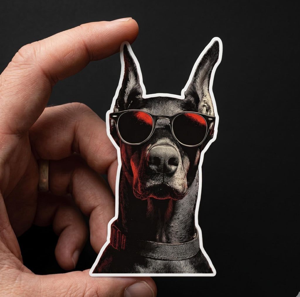Doberman Pinscher Sunglasses Sticker, Waterproof Vinyl Dog Decal, Laptop Water Bottle Graphic