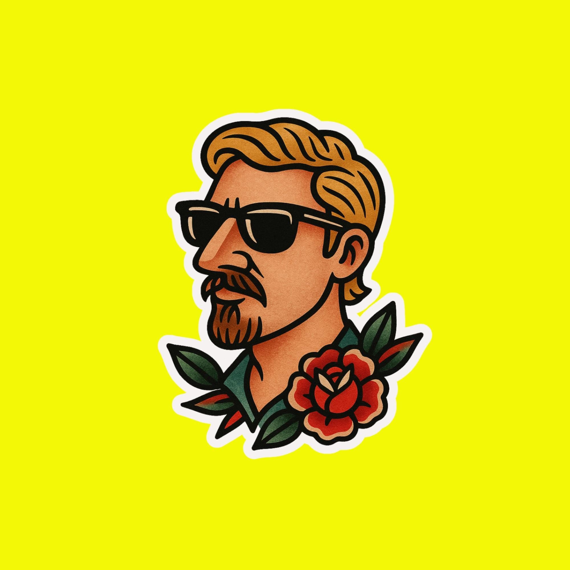 Traditional Tattoo Surfer Sticker, Blonde Hair Hawaiian Shirt Decal (2.5"x2.5")