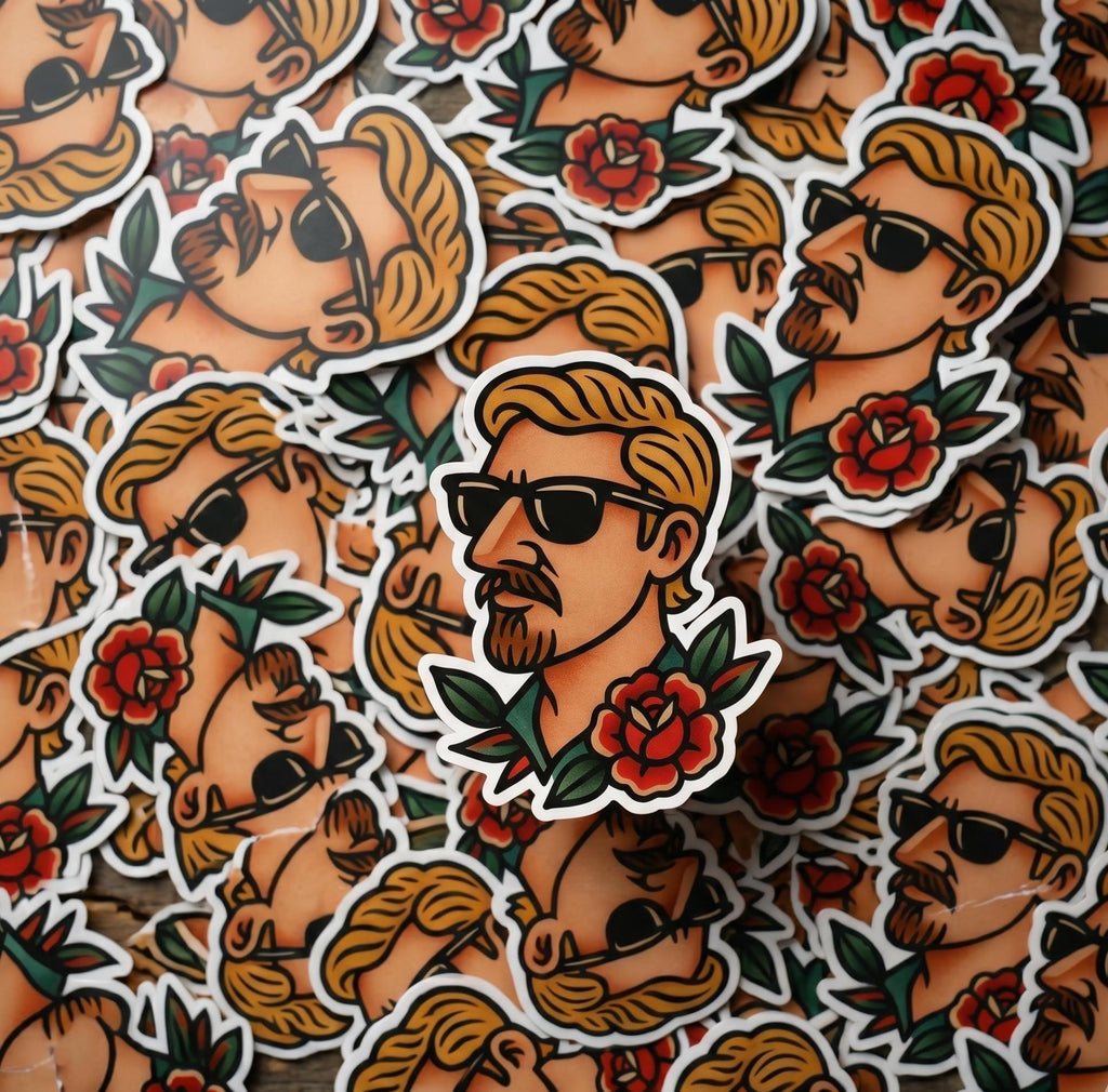 Traditional Tattoo Surfer Sticker, Blonde Hair Hawaiian Shirt Decal (2.5"x2.5")