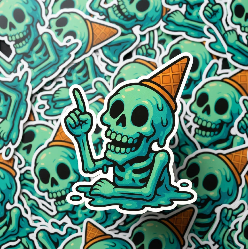 Skull Sticker, Melting Ice Cream, Spooky Skeleton Vinyl Decal, Waterproof Laptop Water Bottle Graphic