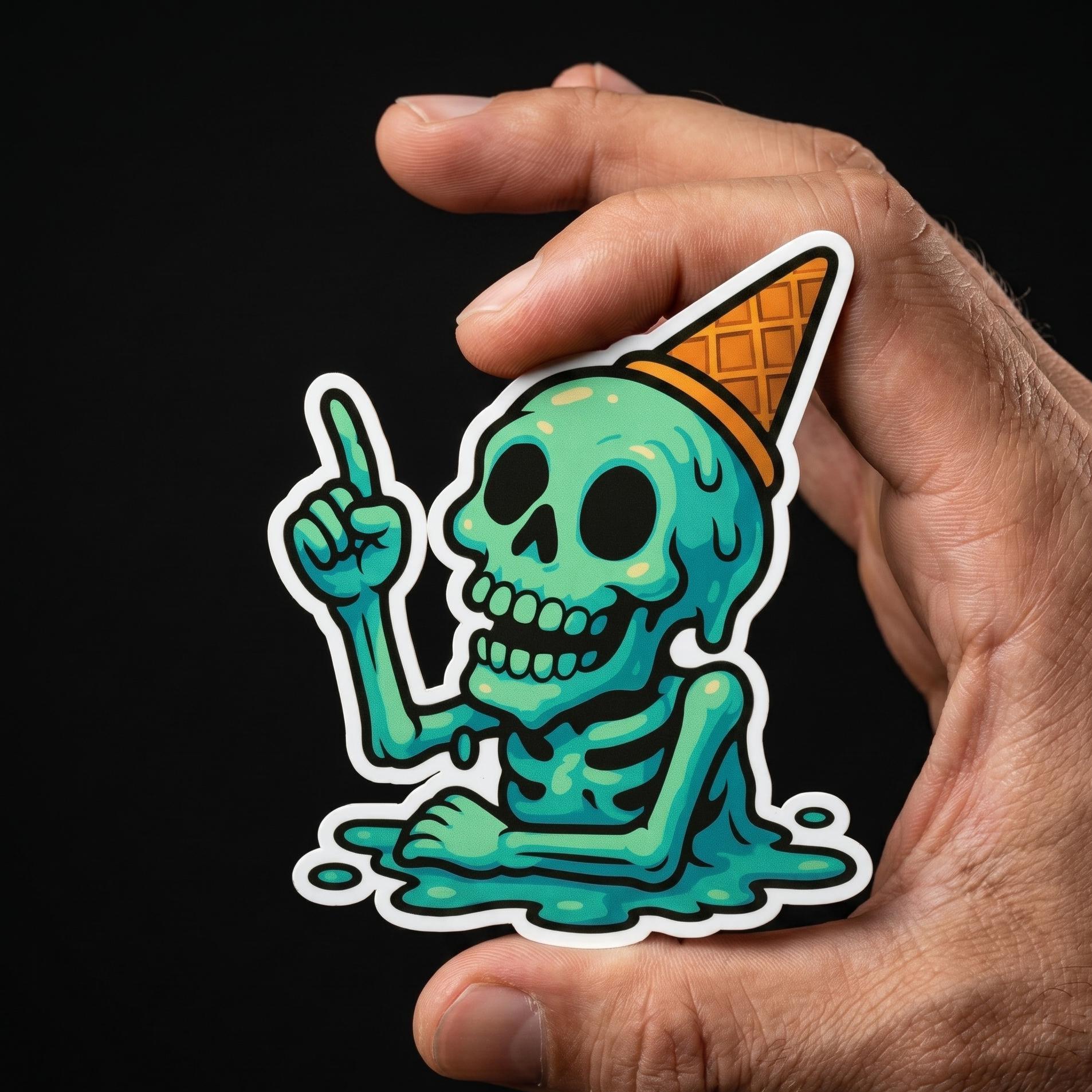 Skull Sticker, Melting Ice Cream, Spooky Skeleton Vinyl Decal, Waterproof Laptop Water Bottle Graphic
