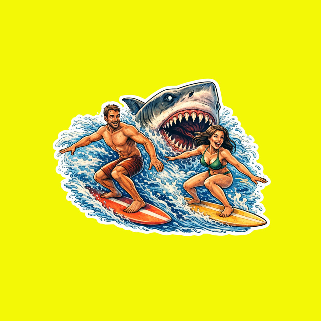 Surfing Sticker, White Shark Chasing Surfers, Intense Ocean Wildlife Decal