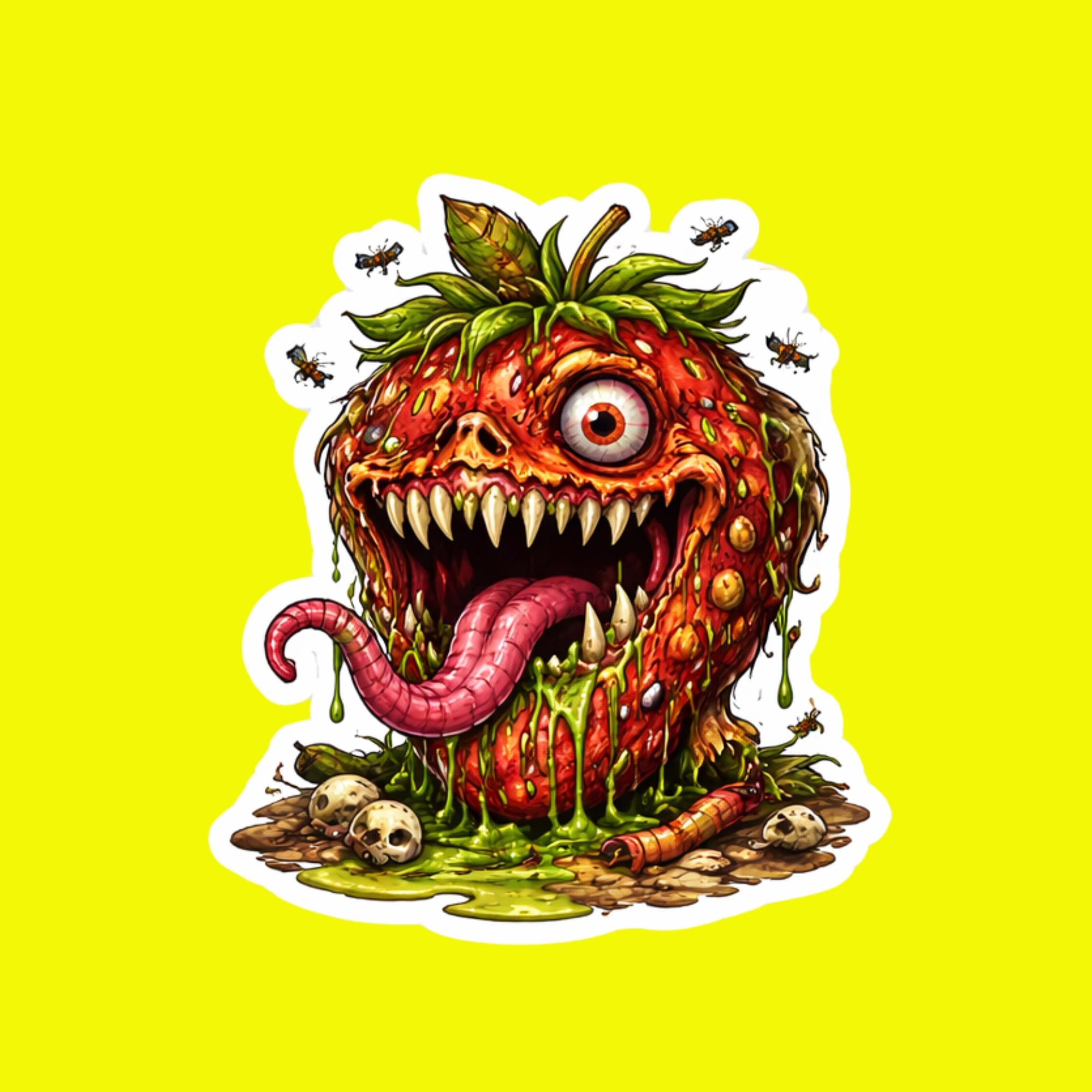 Horror Sticker, Mutant Strawberry, Weird Fruit Monster Decal, Edgy Vinyl Art (2.5"x2.5")