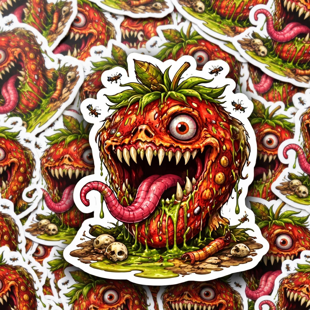 Horror Sticker, Mutant Strawberry, Weird Fruit Monster Decal, Edgy Vinyl Art (2.5"x2.5")