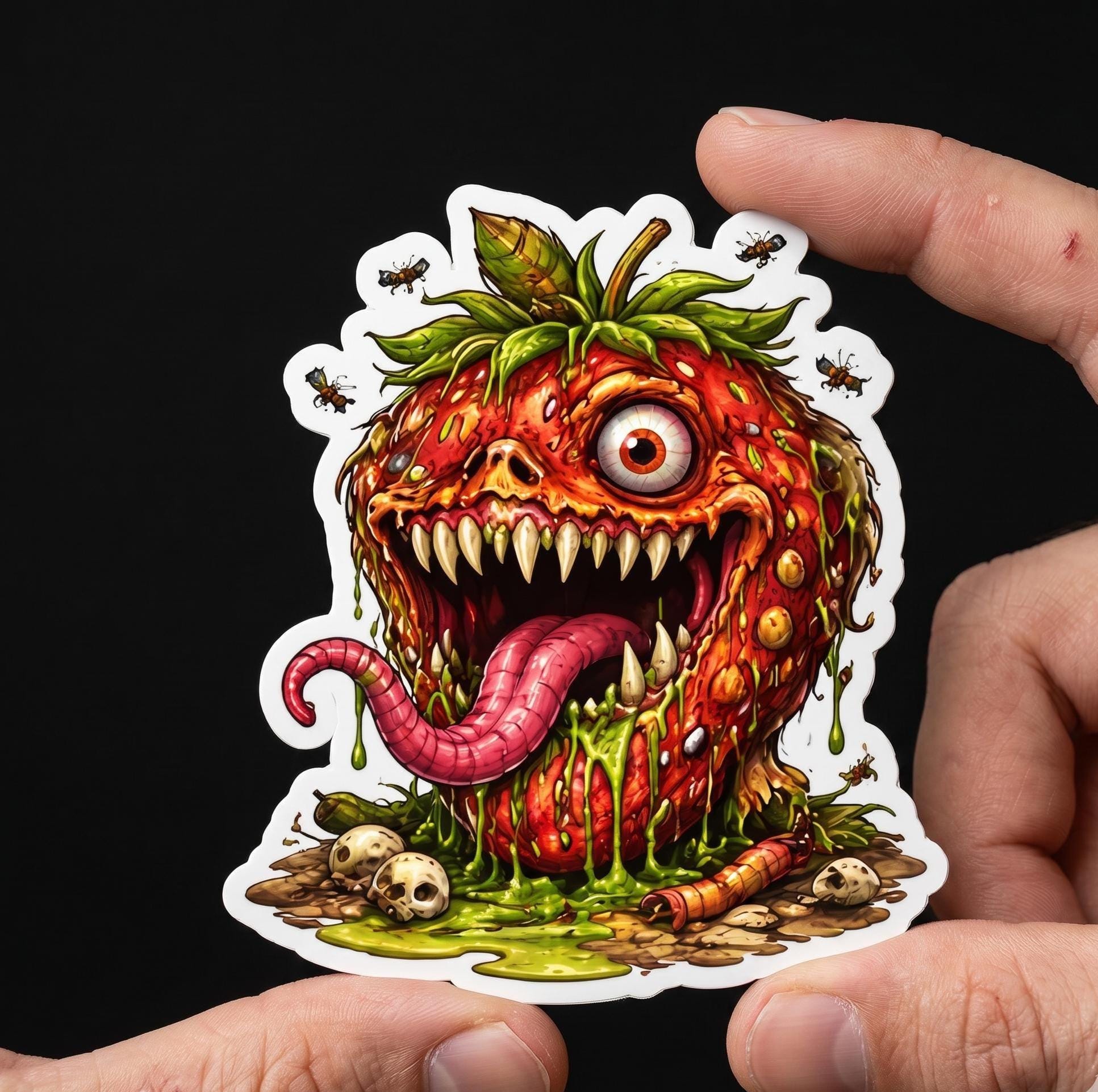 Horror Sticker, Mutant Strawberry, Weird Fruit Monster Decal, Edgy Vinyl Art (2.5"x2.5")