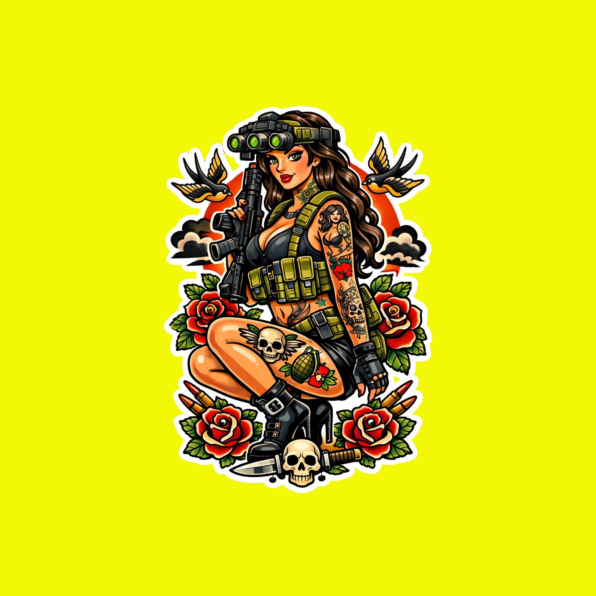 Laptop Sticker Tactical Traditional Tattoo Military Woman Decal, Vintage Pinup Girl Sticker, Gothic Aesthetic for Laptop Water Bottle