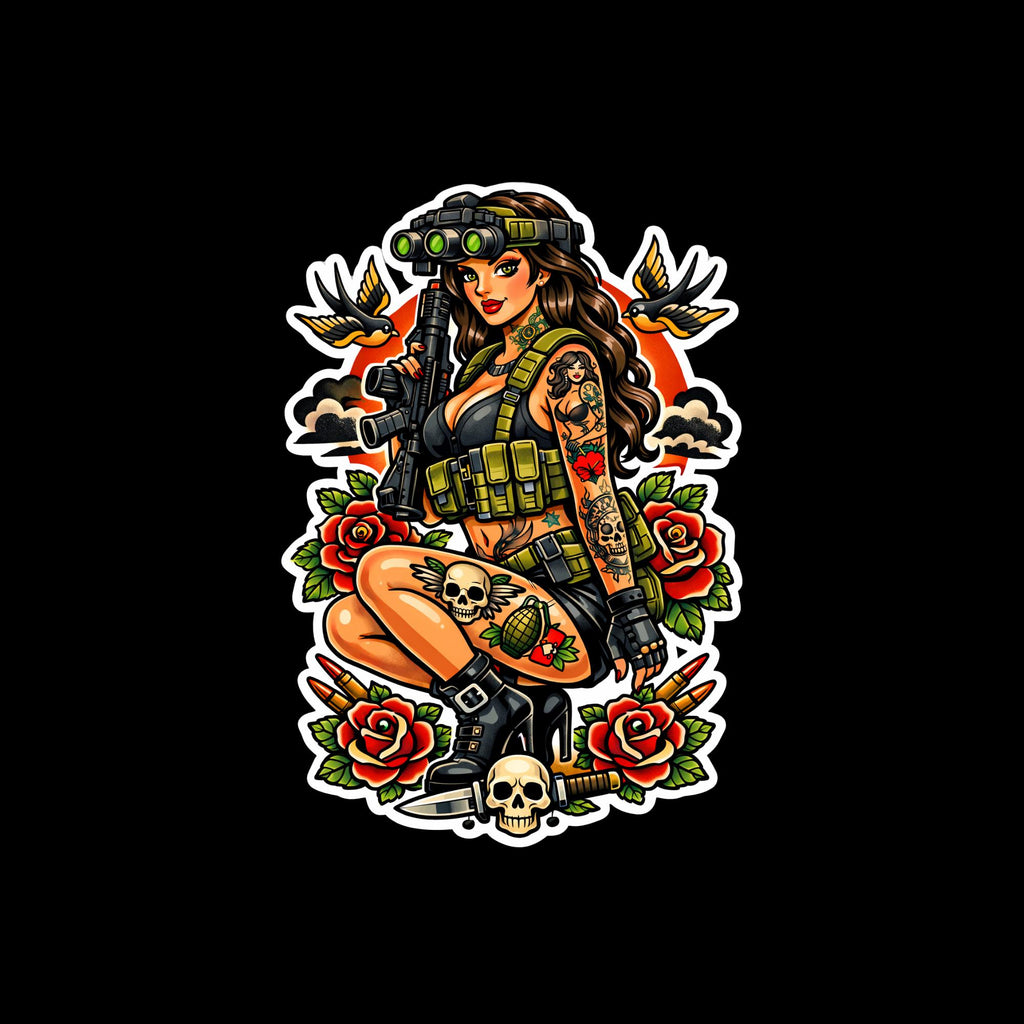 Laptop Sticker Tactical Traditional Tattoo Military Woman Decal, Vintage Pinup Girl Sticker, Gothic Aesthetic for Laptop Water Bottle