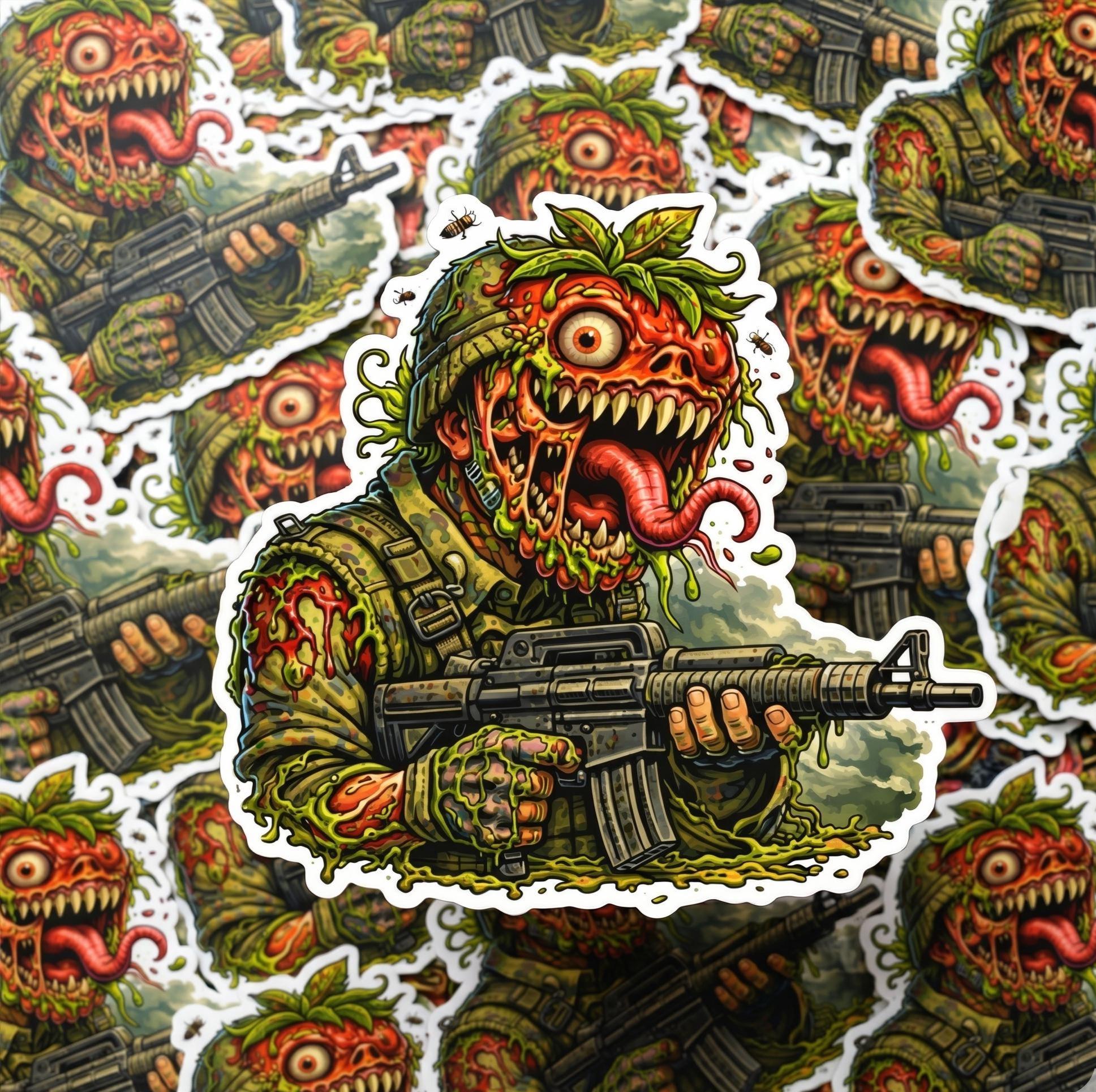 Horror Sticker, Mutant Strawberry Soldier, Tactical Horror Food Parody Decal
