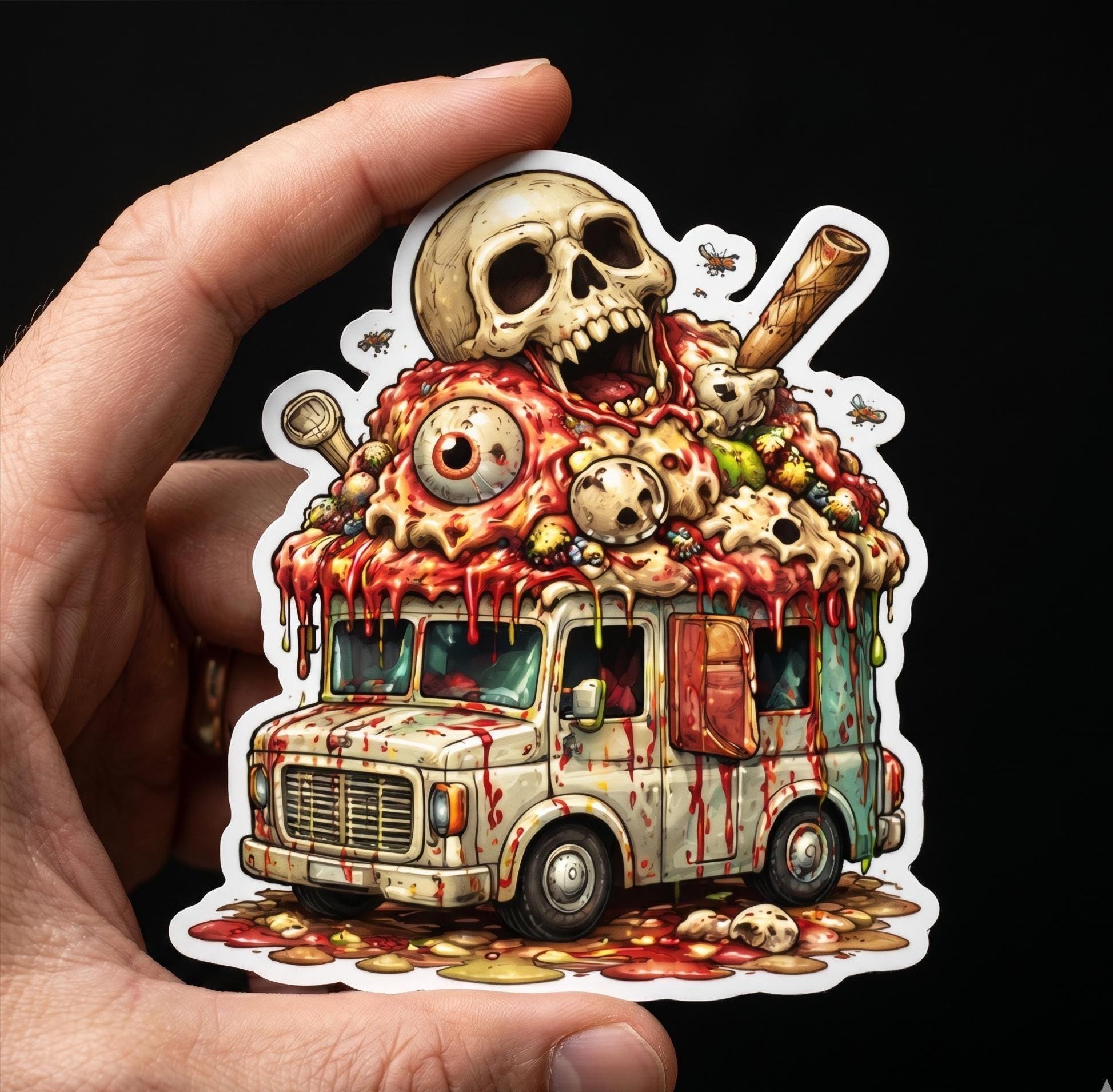 Horror Ice Scream Truck Sticker, Spooky Halloween Vinyl Decal (Waterproof)