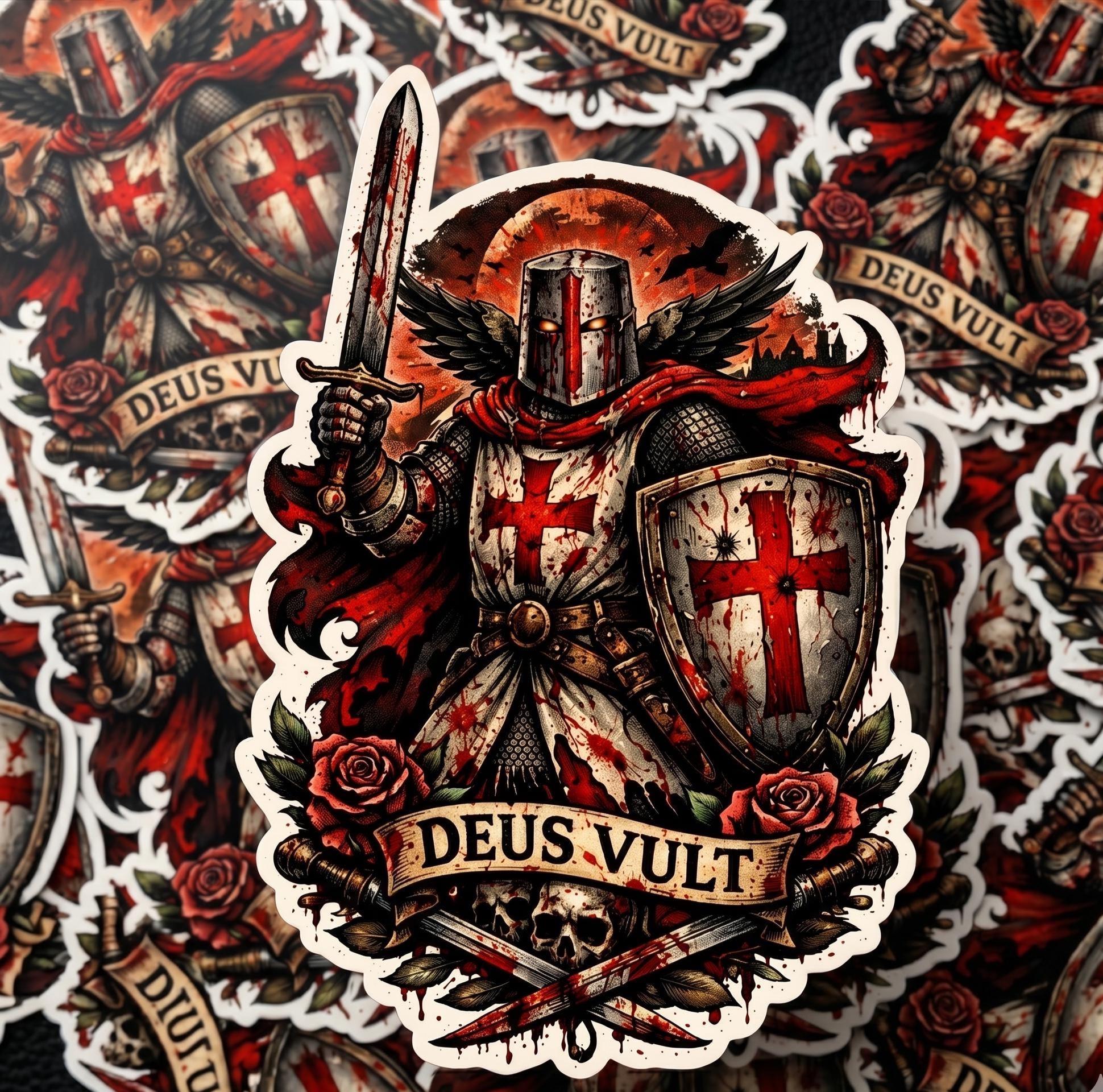 Christian Sticker, Deus Vult Crusader Knight, Medieval Warrior Gothic Art Vinyl Decal