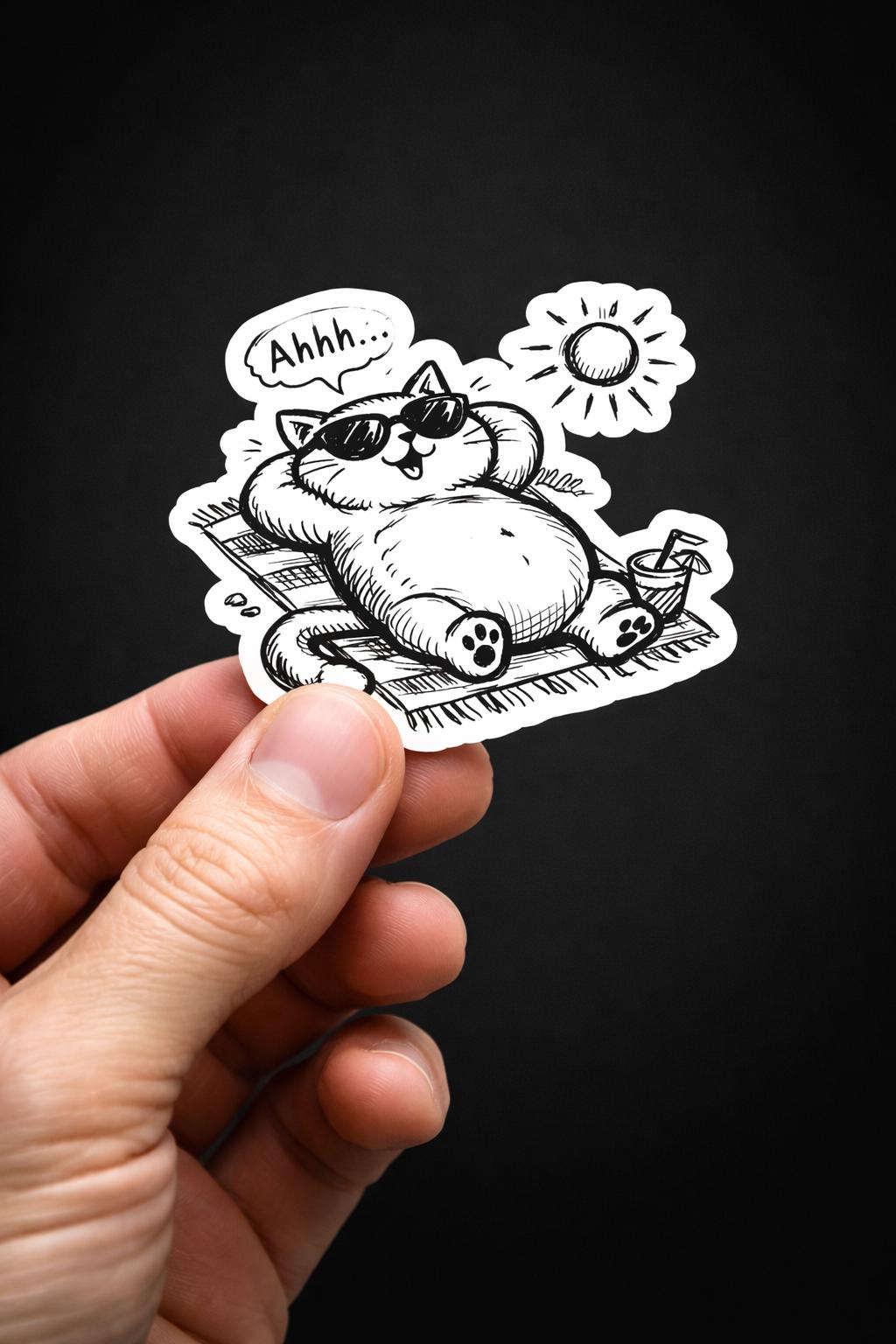 Water Bottle Sticker, Black and White Lazy Cat, Sunbathing Kitty Vinyl Decal
