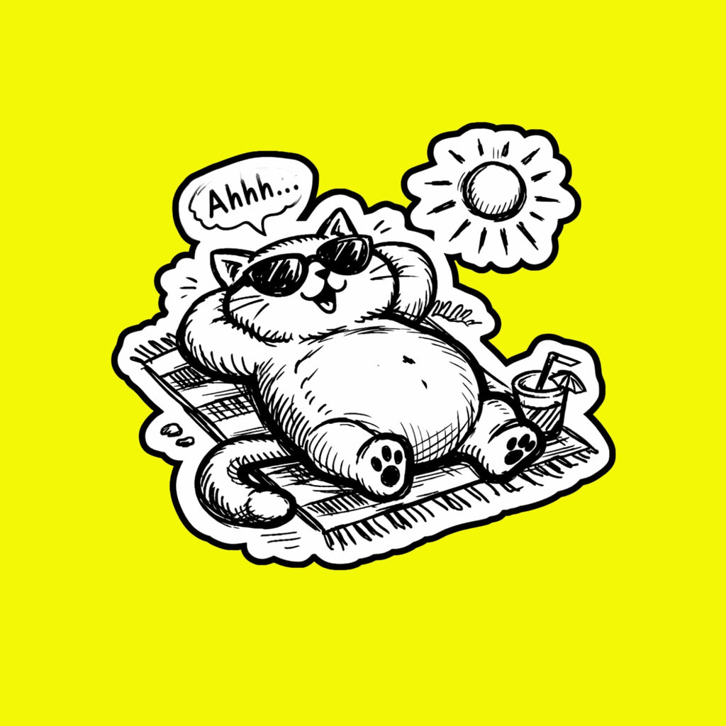 Water Bottle Sticker, Black and White Lazy Cat, Sunbathing Kitty Vinyl Decal
