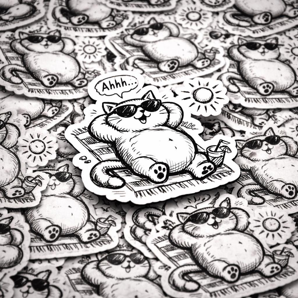 Water Bottle Sticker, Black and White Lazy Cat, Sunbathing Kitty Vinyl Decal