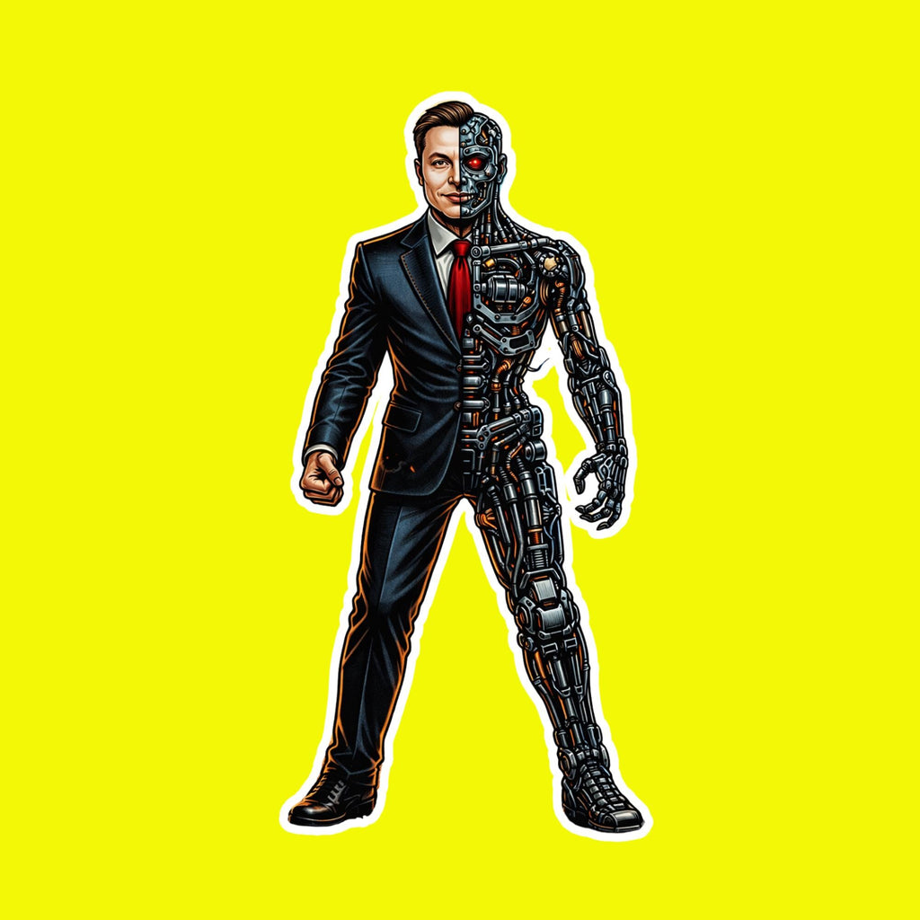 Cyborg Elon Musk Sticker, Futuristic Tech Parody Decal, Sci Fi Humor Laptop Vinyl