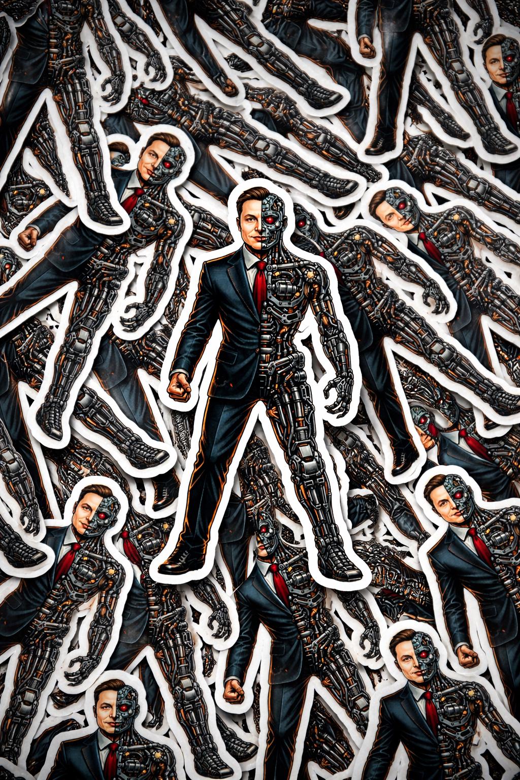 Cyborg Elon Musk Sticker, Futuristic Tech Parody Decal, Sci Fi Humor Laptop Vinyl