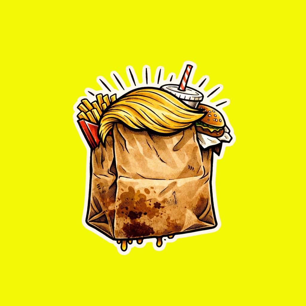 Trump Burger Bag Parody Sticker, Political Humor Decal, Retro Takeout Vinyl Laptop Sticker