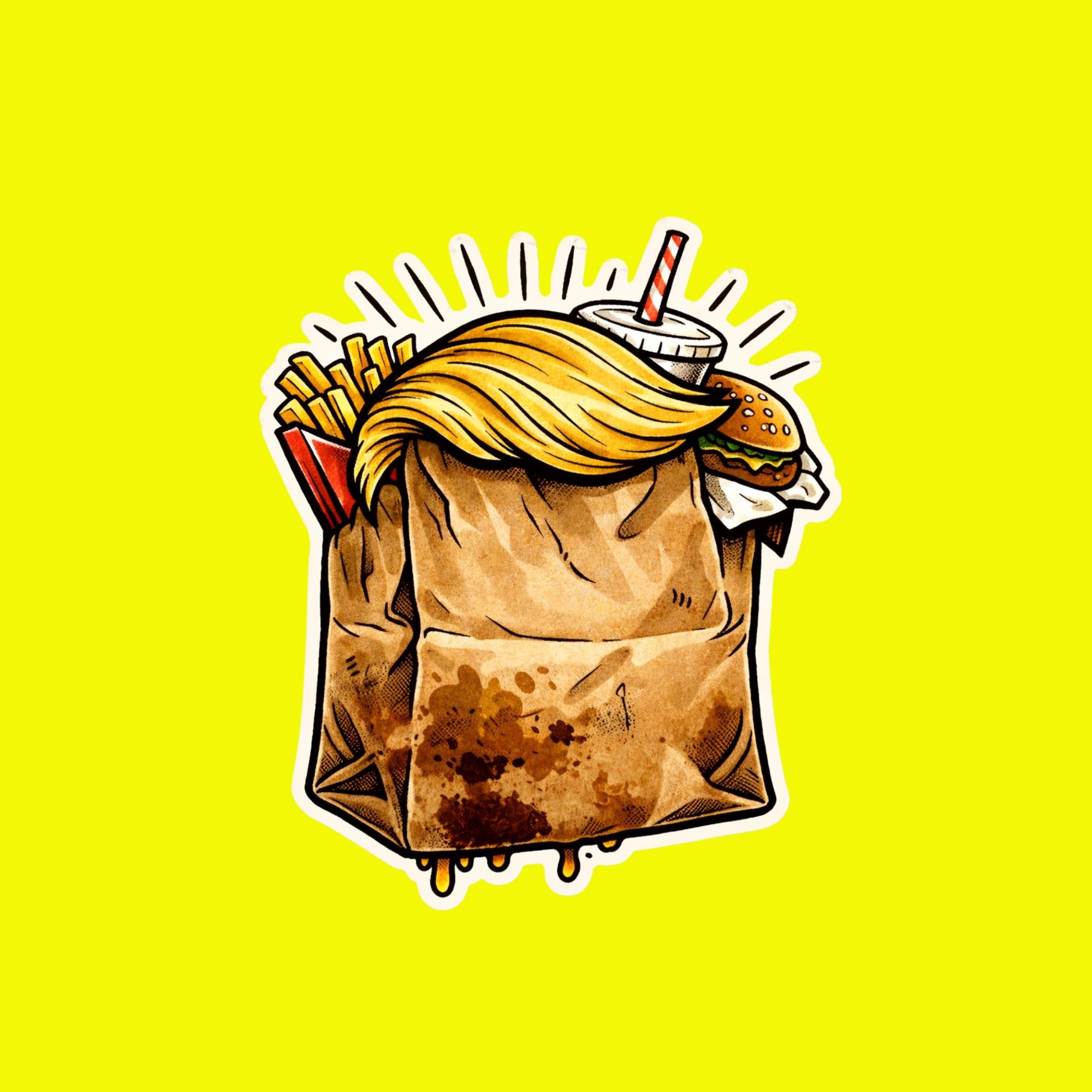 Trump Burger Bag Parody Sticker, Political Humor Decal, Retro Takeout Vinyl Laptop Sticker