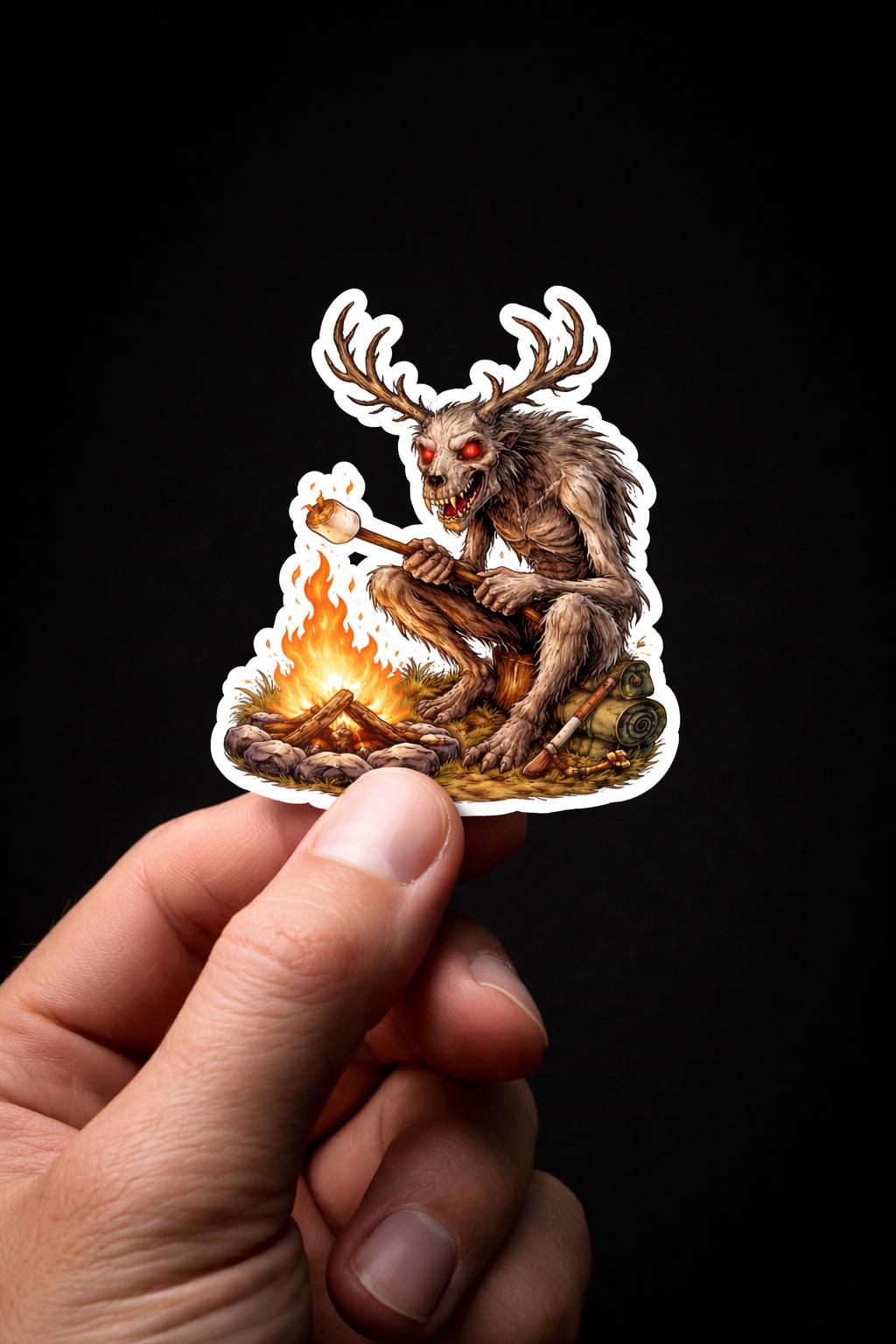 Horror Sticker, Wendigo Campfire Sticker, Cryptid Vinyl Decal, Spooky S'mores Meme Art
