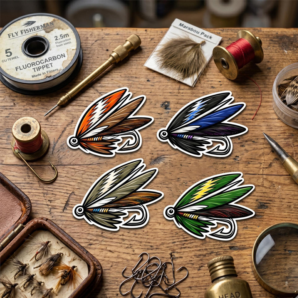 Fly Fishing Lure Stickers (4pc) – Trout Bait, Angler Decals, Tackle Box Vinyl