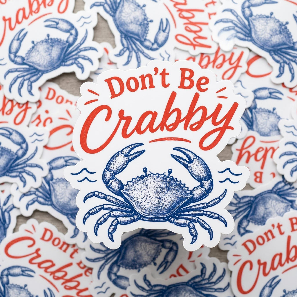 Don't Be Crabby Sticker, Vintage Crab Illustration, Beach Humor Decal, Waterproof Vinyl