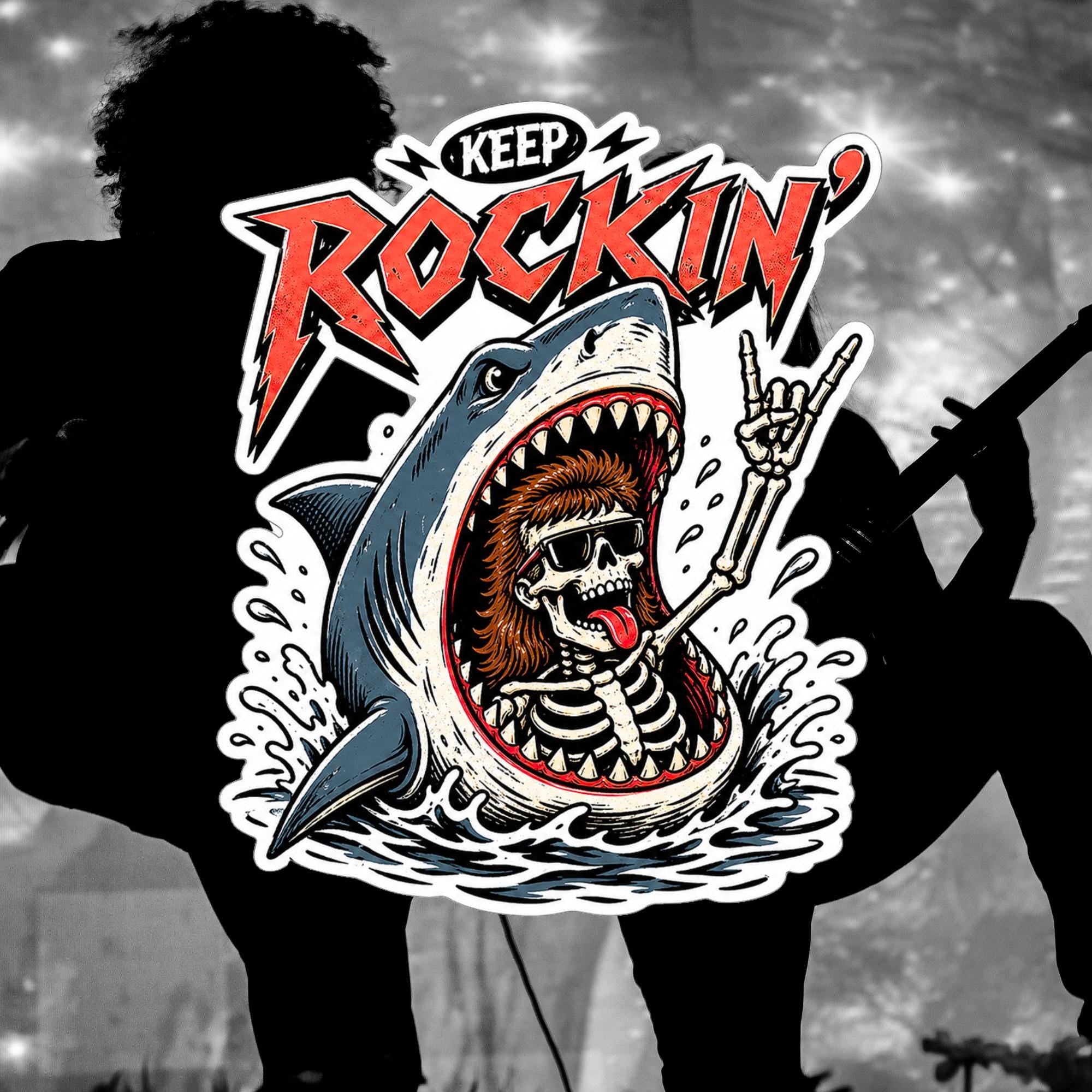 Skeleton Shark Rock and Roll Sticker, Waterproof Vinyl Decal