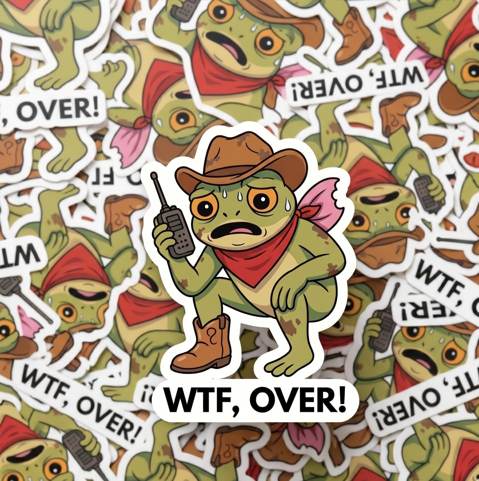 Frog Cowboy Sticker, WTF Over Meme Decal, Western Cartoon Waterproof Vinyl