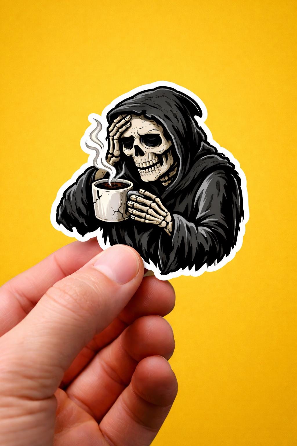 Coffee Sticker, Grim Reaper Coffee Break – Skeleton with Steaming Mug, Dark Humor Die-Cut